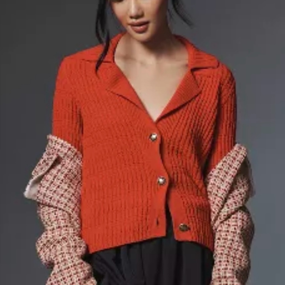NWT Greta polo red cardigan waist length gold buttons XS